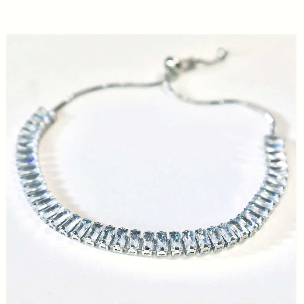 Swarovski Crystal Baguette Tennis Bracelet Silver Plated Adjustable Bolo NEW